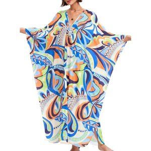 Women Blue Green Abstract Vneck Batwing Sleeve Flowy Split Bohemian Kaftan Dress